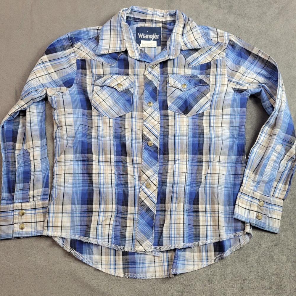 Wrangler Pearl Snap Boys Small 5/6 Button Down Shirt Blue Plaid Pocket Cotton